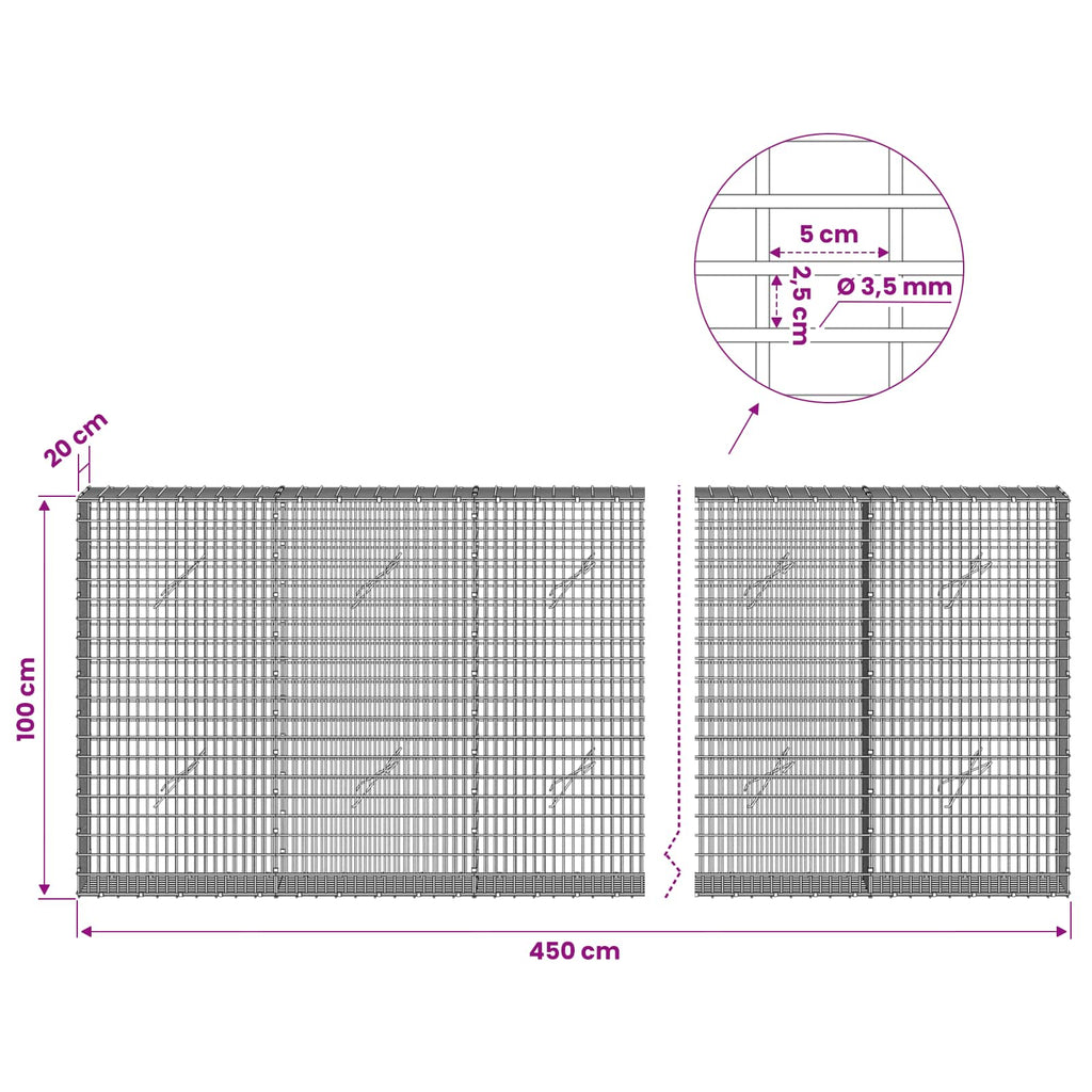 vidaXL Gabion z drutu 3,5 mm i siatką 5x2,5 cm 450x20x100 cm
