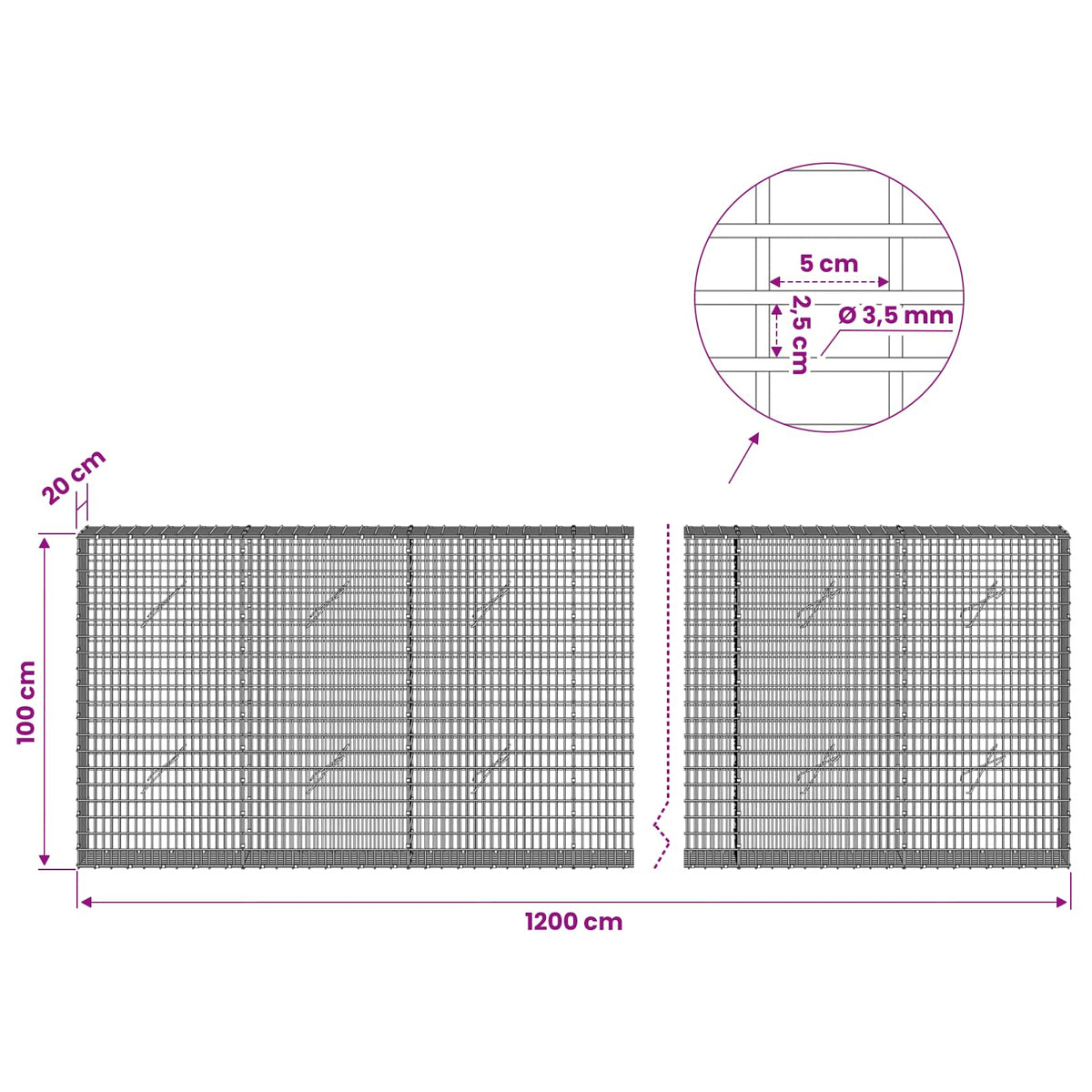 vidaXL Gabion z drutu 3,5 mm i siatką 5x2,5 cm 1200x20x100 cm