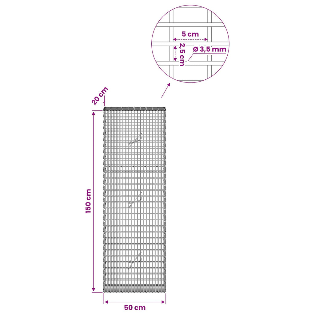 vidaXL Gabion z drutu 3,5 mm i siatką 5x2,5 cm 50x20x150 cm