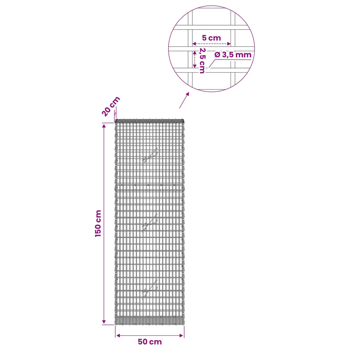 vidaXL Gabion z drutu 3,5 mm i siatką 5x2,5 cm 50x20x150 cm