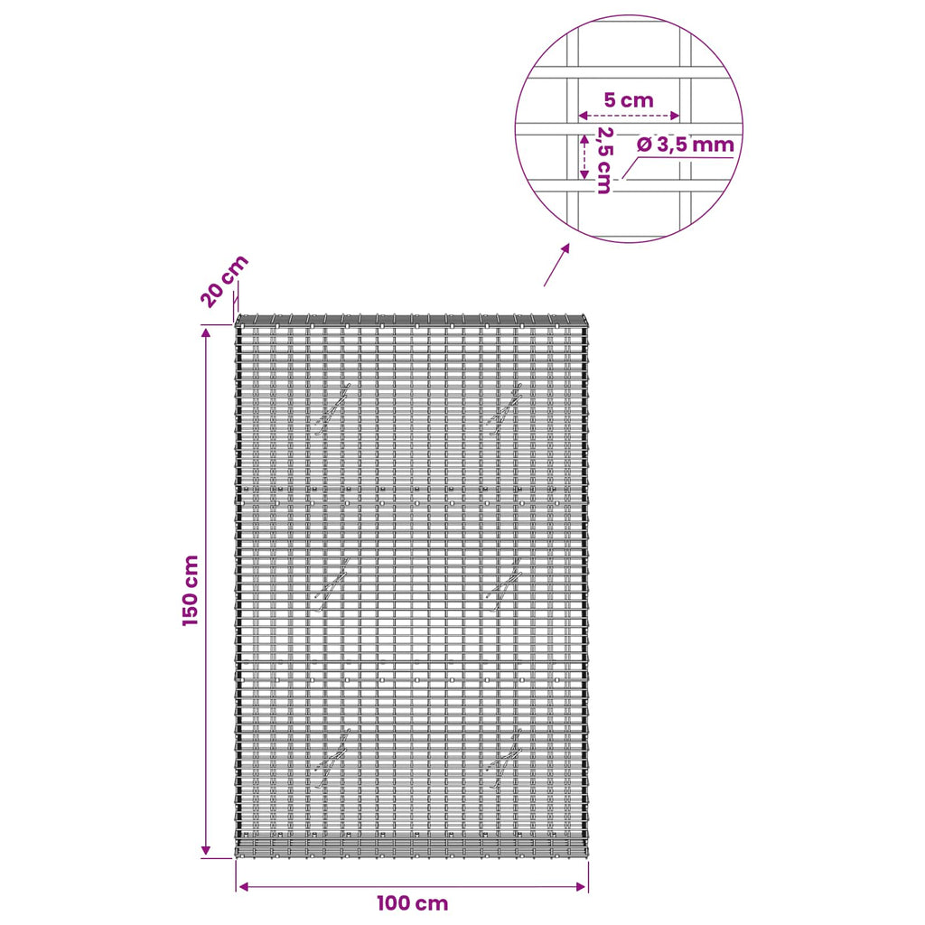 vidaXL Gabion z drutu 3,5 mm i siatką 5x2,5 cm 100x20x150 cm