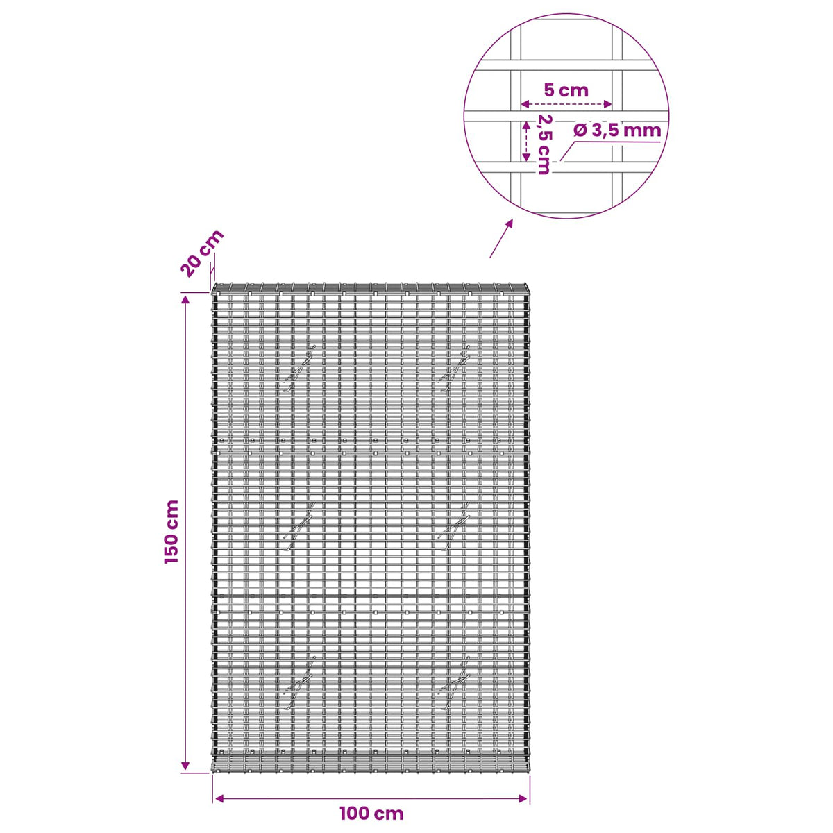 vidaXL Gabion z drutu 3,5 mm i siatką 5x2,5 cm 100x20x150 cm
