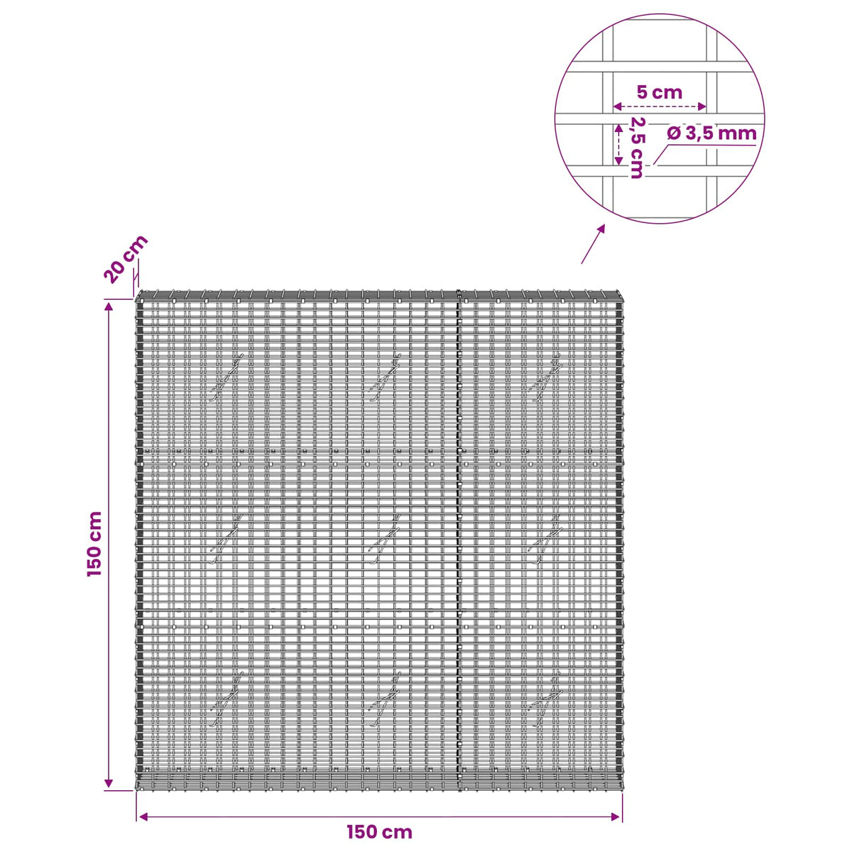 vidaXL Gabion z drutu 3,5 mm i siatką 5x2,5 cm 150x20x150 cm