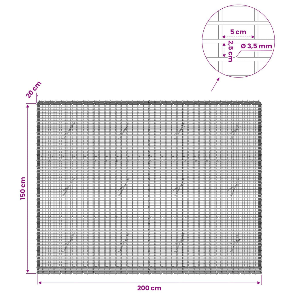 vidaXL Gabion z drutu 3,5 mm i siatką 5x2,5 cm 200x20x150 cm