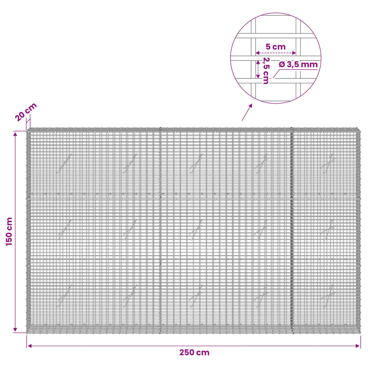 vidaXL Gabion z drutu 3,5 mm i siatką 5x2,5 cm 250x20x150 cm