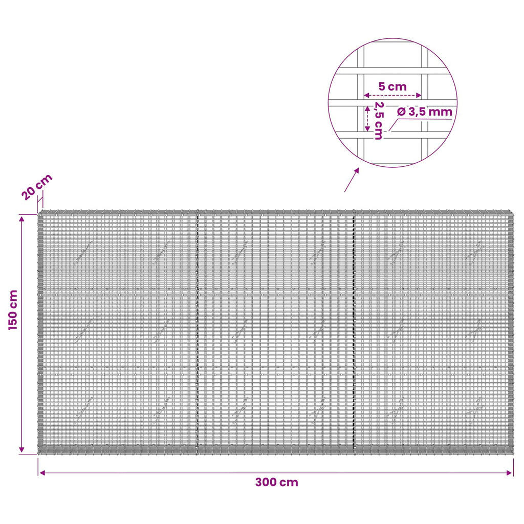 vidaXL Gabion z drutu 3,5 mm i siatką 5x2,5 cm 300x20x150 cm