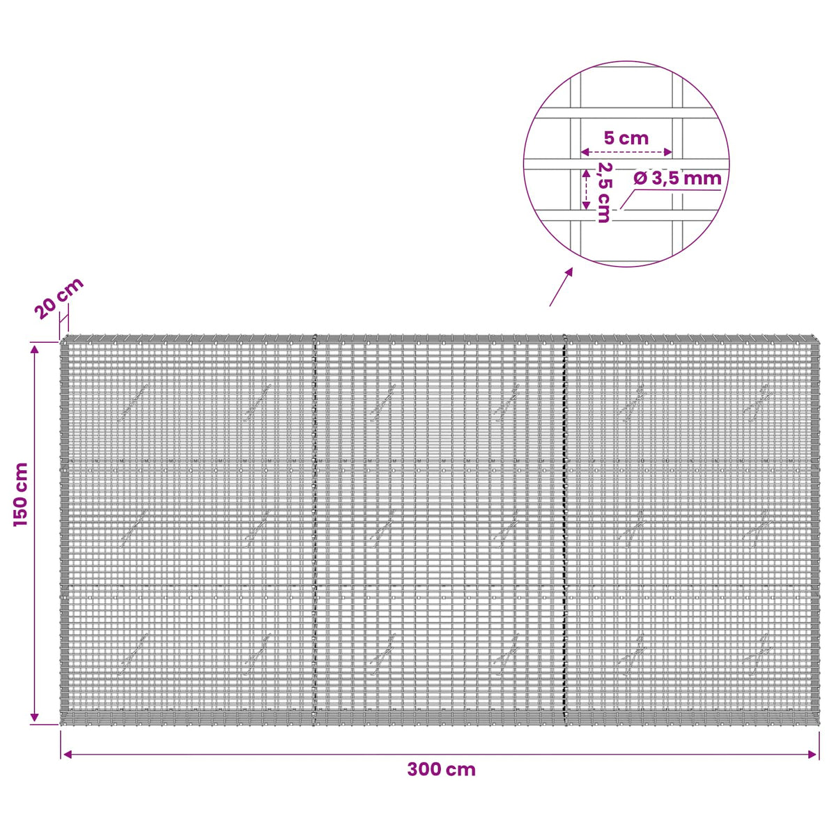 vidaXL Gabion z drutu 3,5 mm i siatką 5x2,5 cm 300x20x150 cm