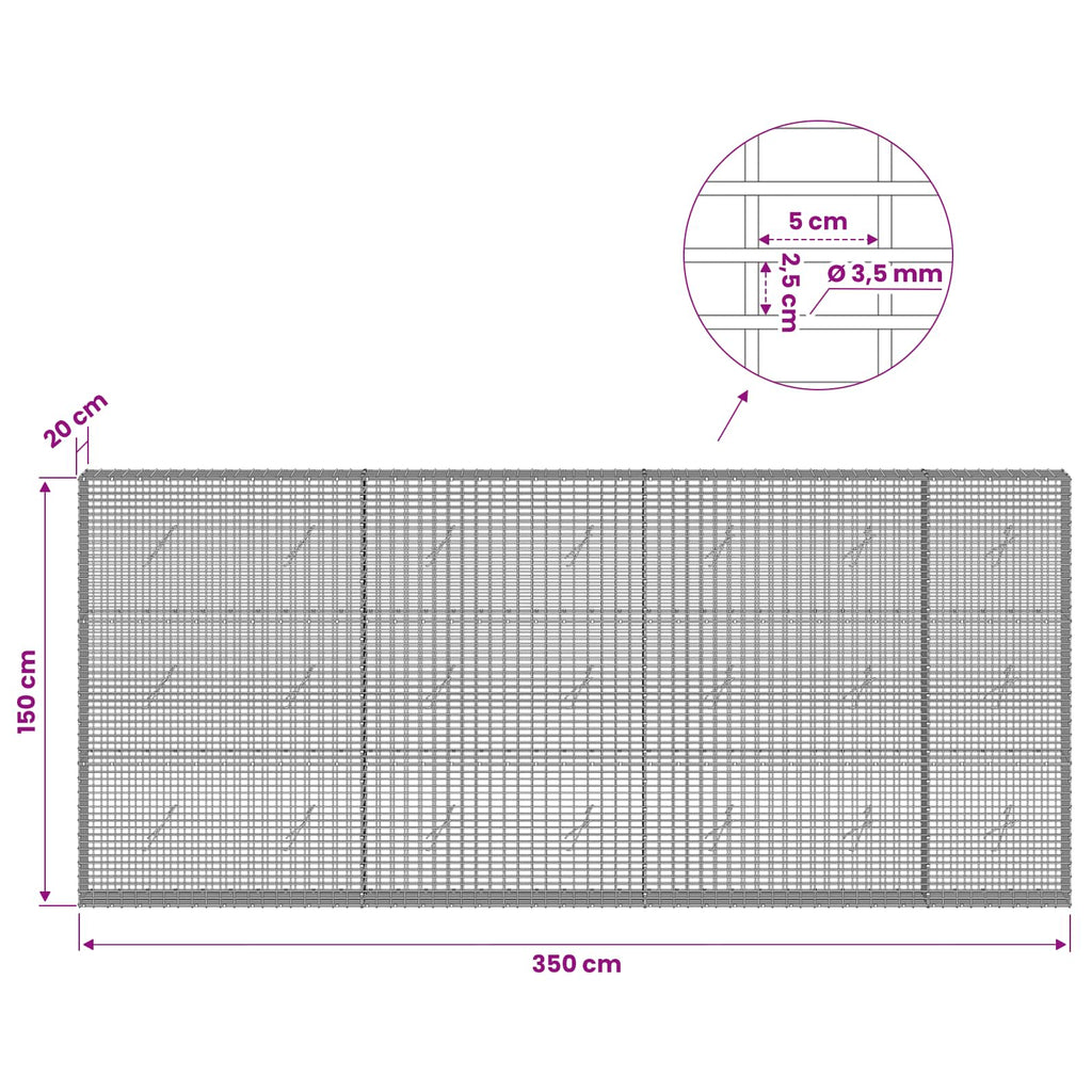 vidaXL Gabion z drutu 3,5 mm i siatką 5x2,5 cm 350x20x150 cm
