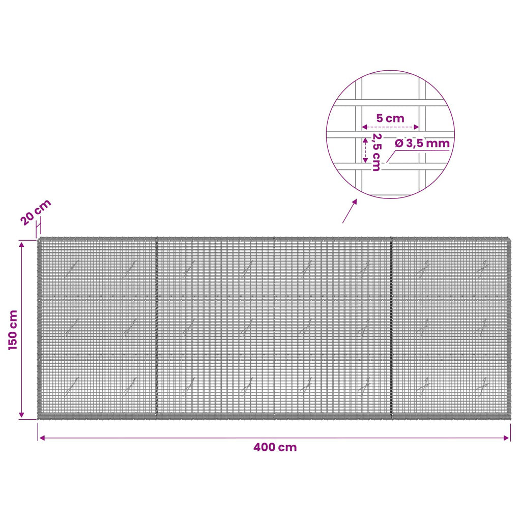 vidaXL Gabion z drutu 3,5 mm i siatką 5x2,5 cm 400x20x150 cm