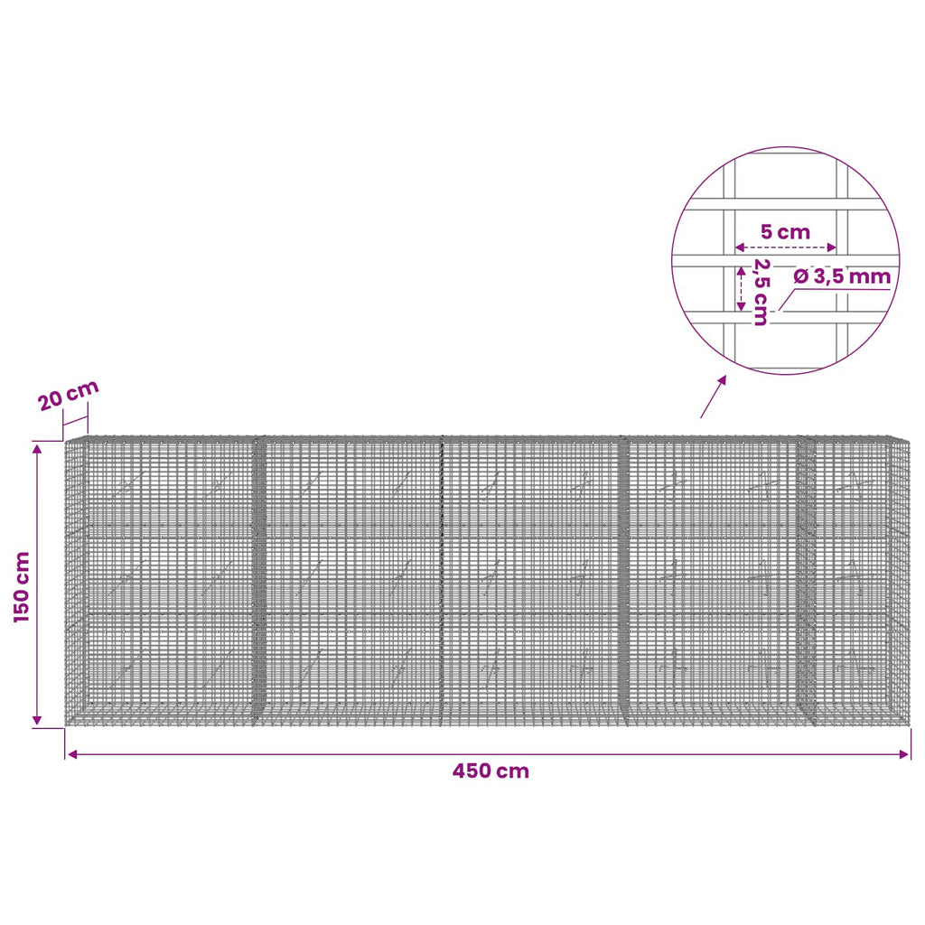 vidaXL Gabion z drutu 3,5 mm i siatką 5x2,5 cm 450x20x150 cm