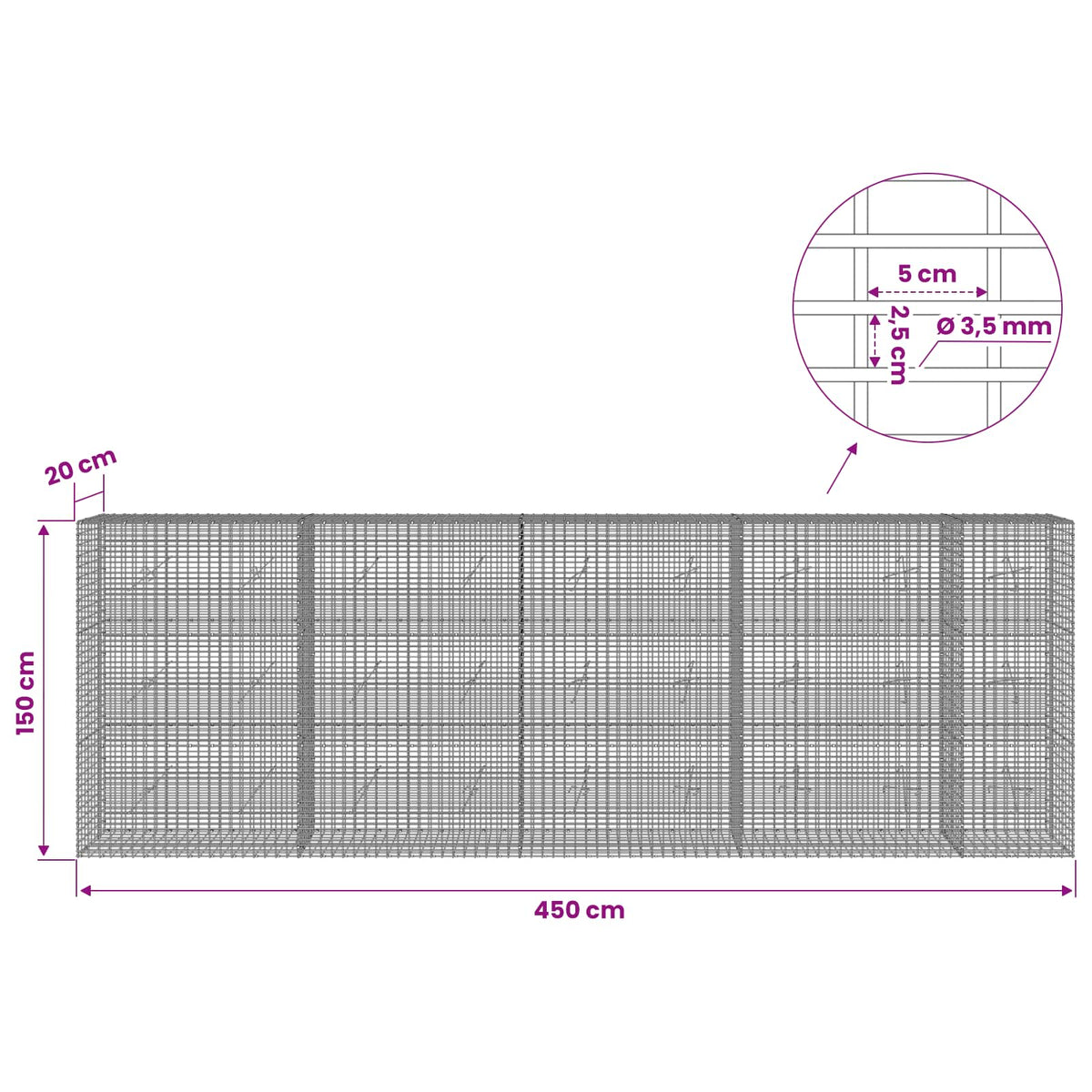 vidaXL Gabion z drutu 3,5 mm i siatką 5x2,5 cm 450x20x150 cm