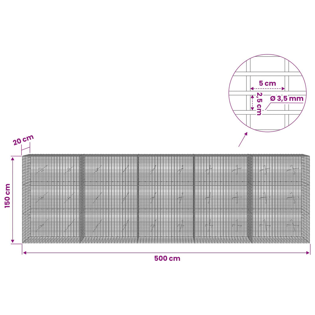 vidaXL Gabion z drutu 3,5 mm i siatką 5x2,5 cm 500x20x150 cm