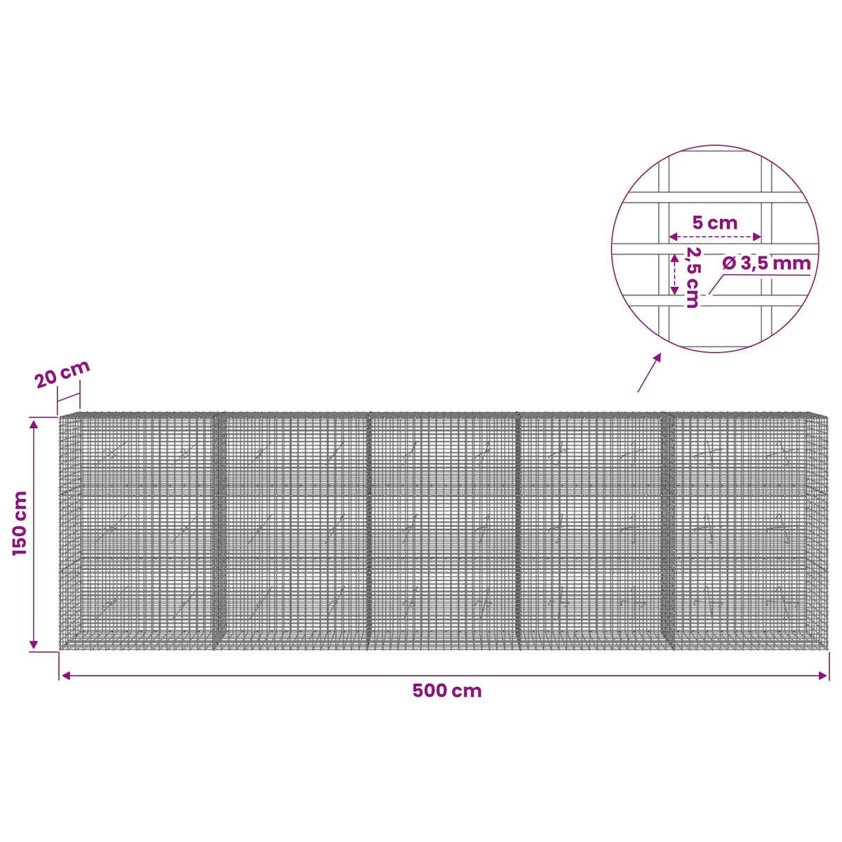 vidaXL Gabion z drutu 3,5 mm i siatką 5x2,5 cm 500x20x150 cm