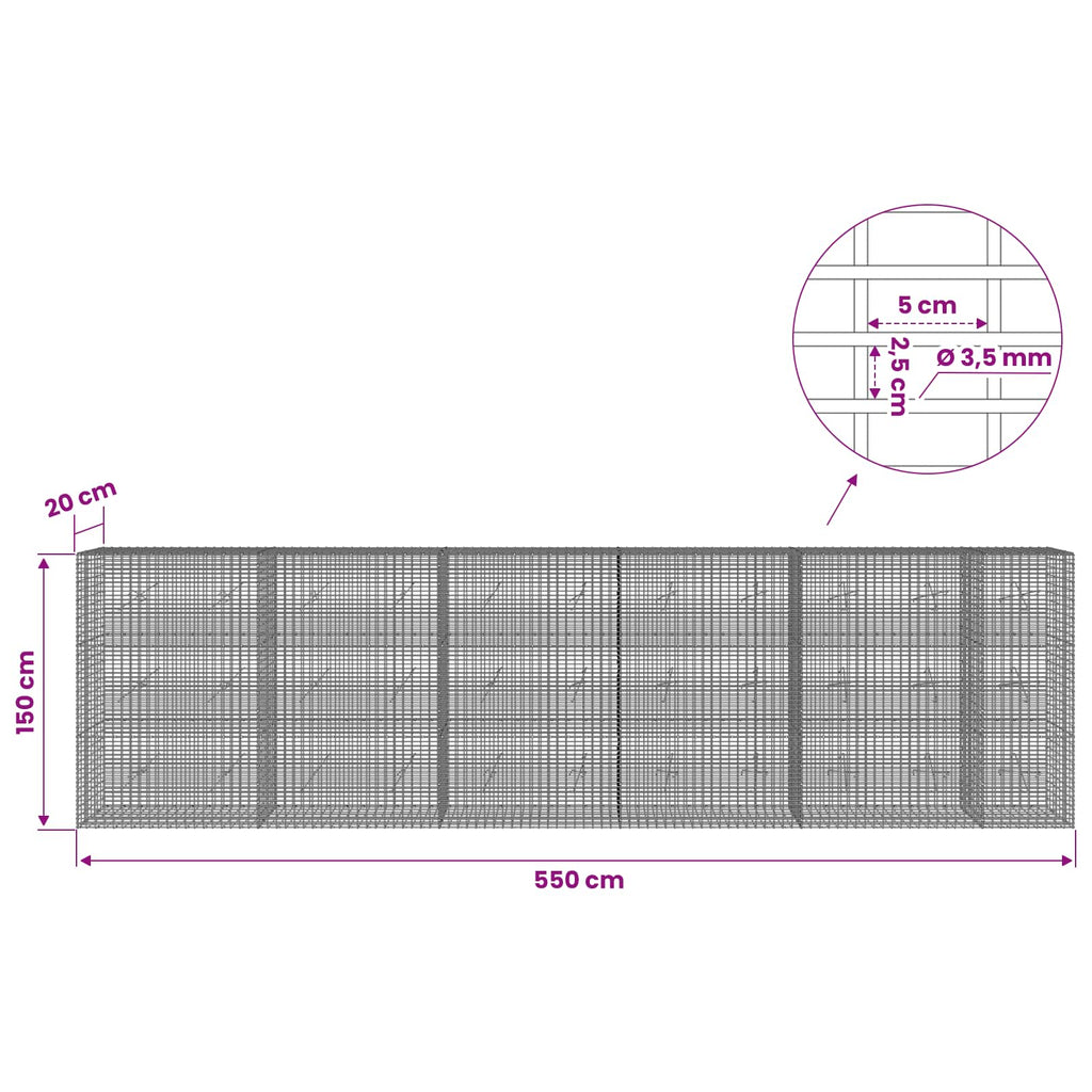 vidaXL Gabion z drutu 3,5 mm i siatką 5x2,5 cm 550x20x150 cm
