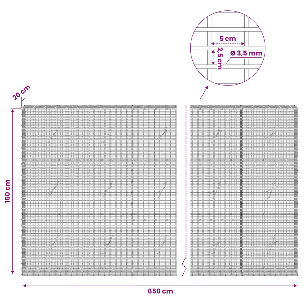 vidaXL Gabion z drutu 3,5 mm i siatką 5x2,5 cm 650x20x150 cm