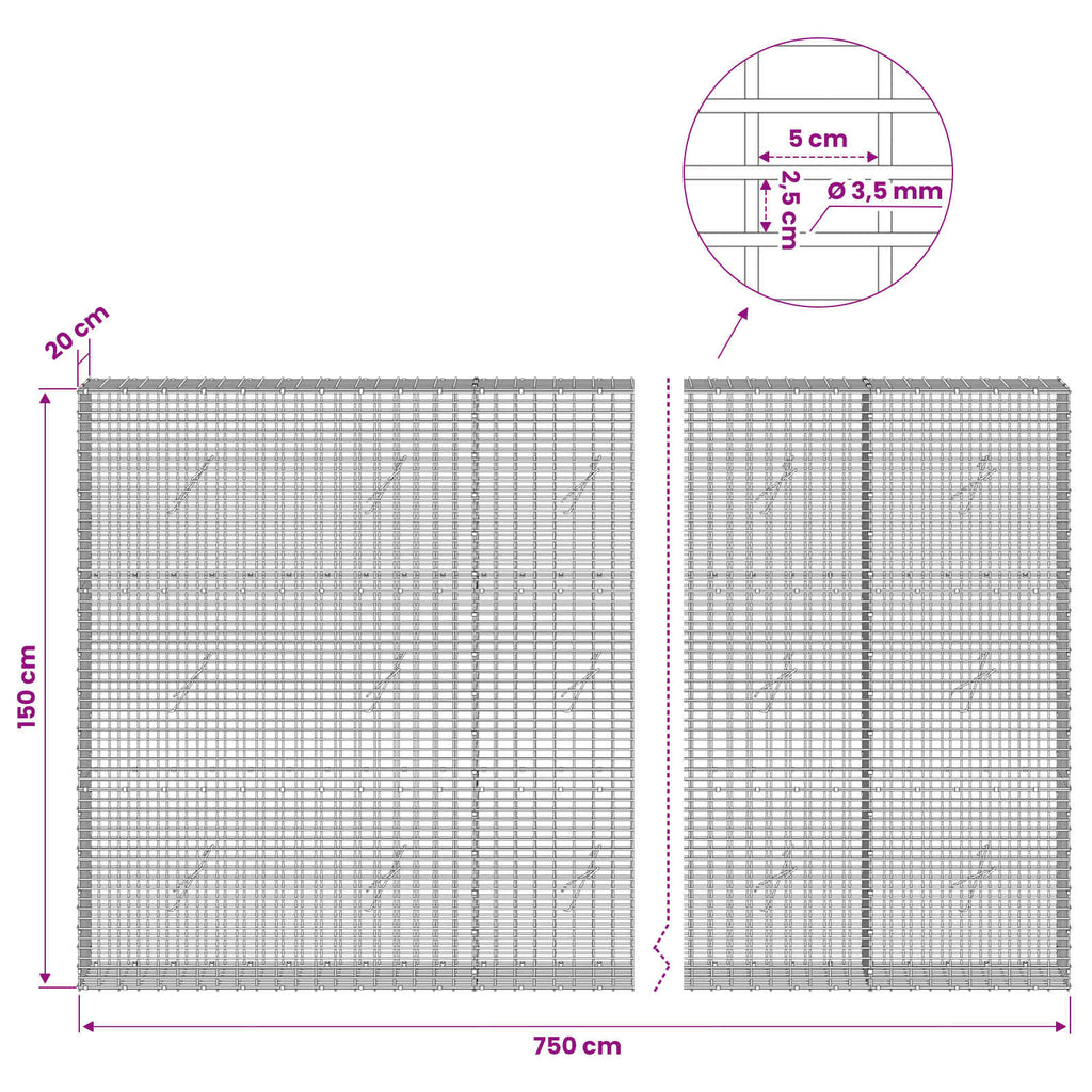 vidaXL Gabion z drutu 3,5 mm i siatką 5x2,5 cm 750x20x150 cm