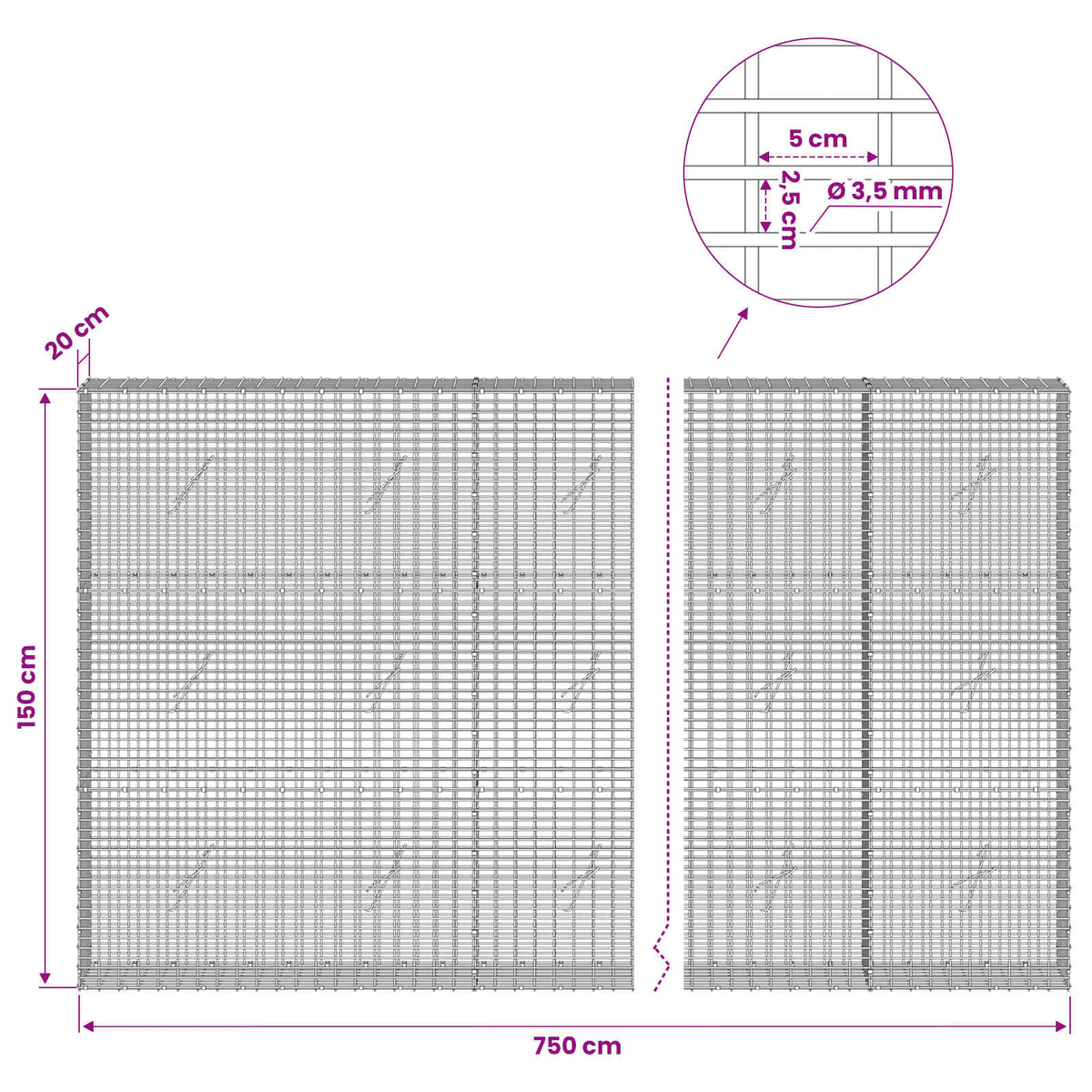 vidaXL Gabion z drutu 3,5 mm i siatką 5x2,5 cm 750x20x150 cm