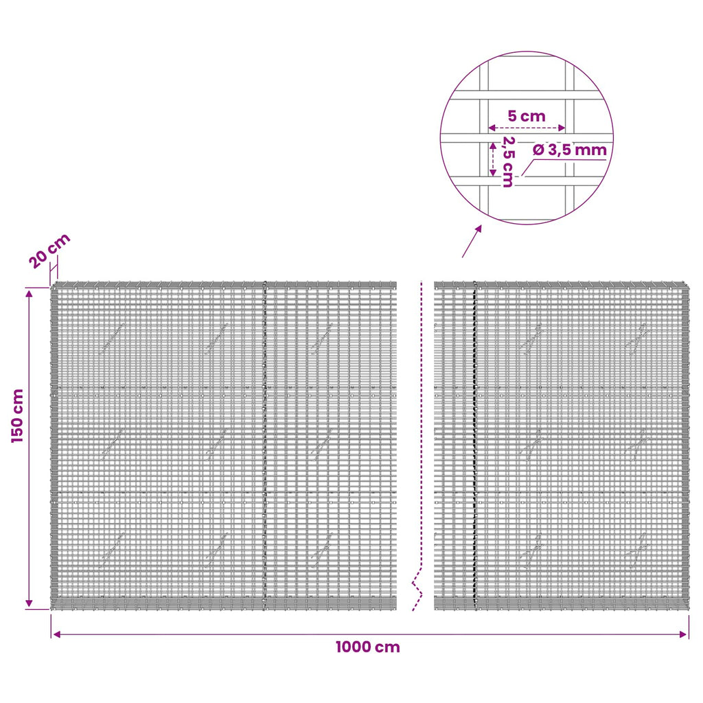 vidaXL Gabion z drutu 3,5 mm i siatką 5x2,5 cm 1000x20x150 cm