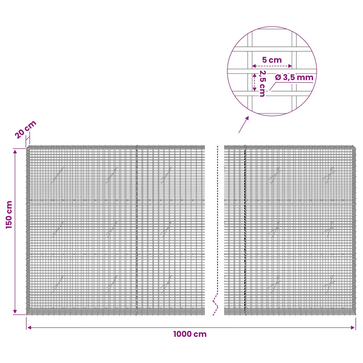 vidaXL Gabion z drutu 3,5 mm i siatką 5x2,5 cm 1000x20x150 cm