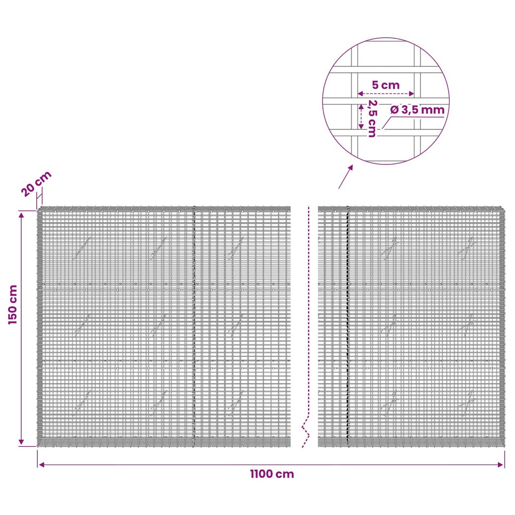 vidaXL Gabion z drutu 3,5 mm i siatką 5x2,5 cm 1100x20x150 cm