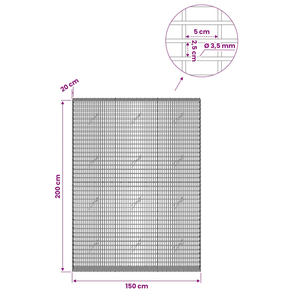 vidaXL Gabion z drutu 3,5 mm i siatką 5x2,5 cm 150x20x200 cm
