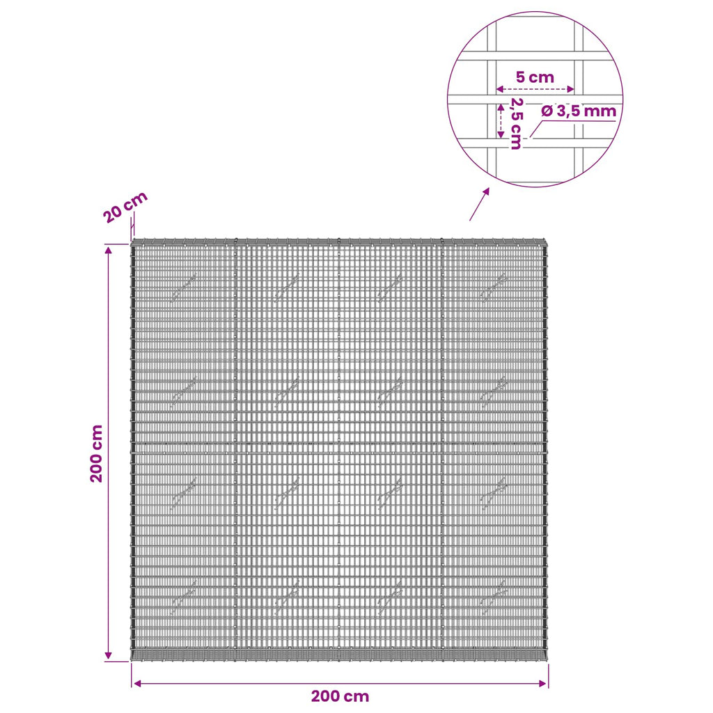 vidaXL Gabion z drutu 3,5 mm i siatką 5x2,5 cm 200x20x200 cm