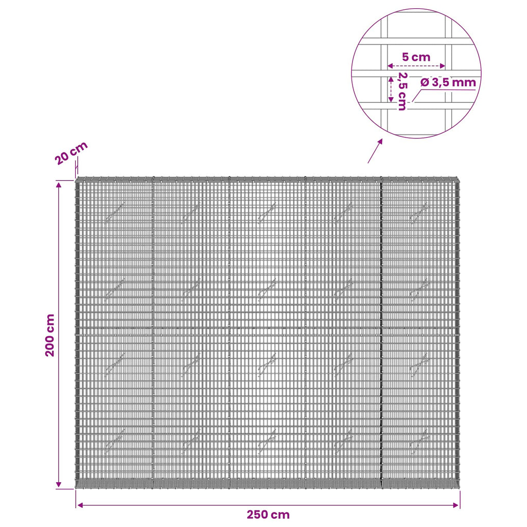 vidaXL Gabion z drutu 3,5 mm i siatką 5x2,5 cm 250x20x200 cm