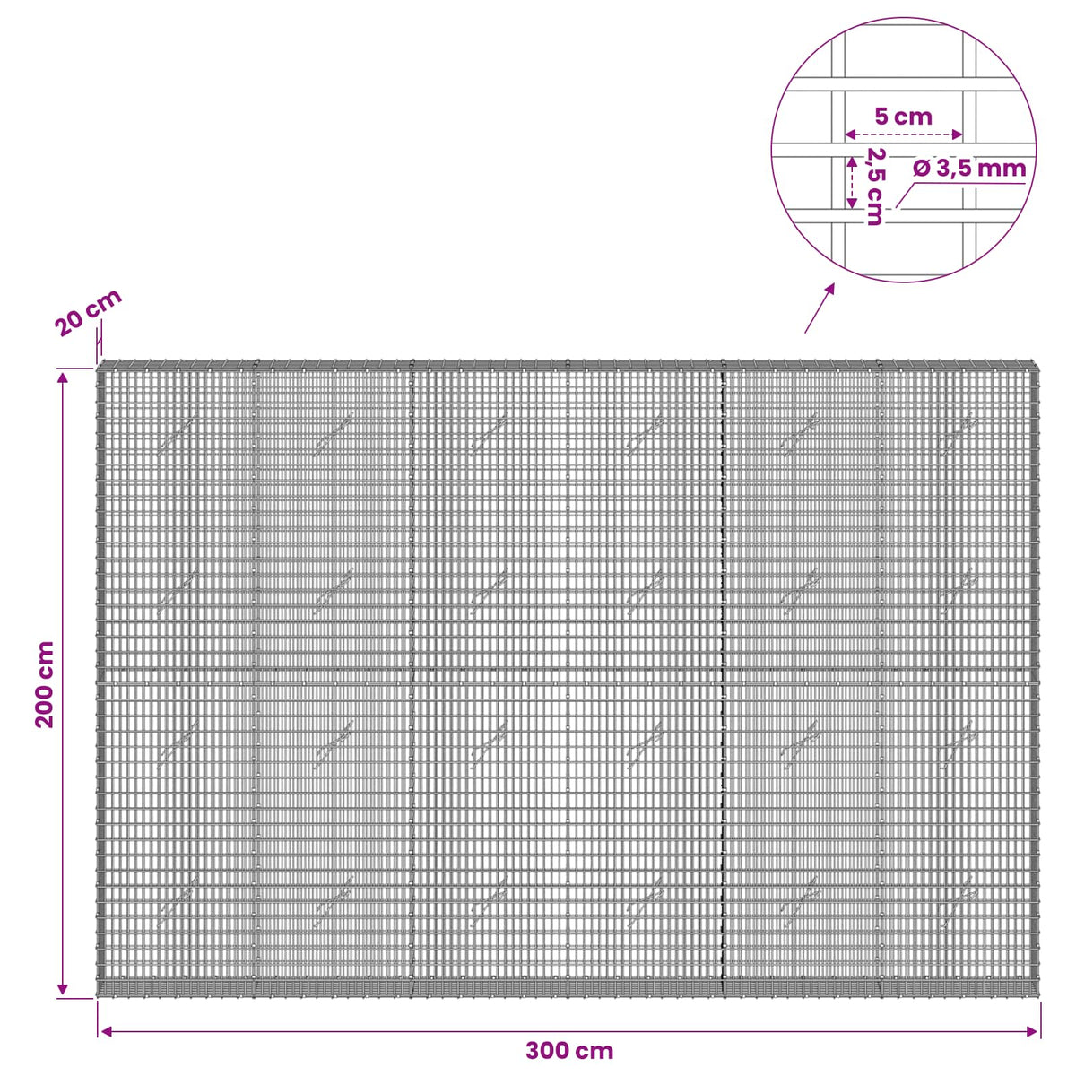 vidaXL Gabion z drutu 3,5 mm i siatką 5x2,5 cm 300x20x200 cm