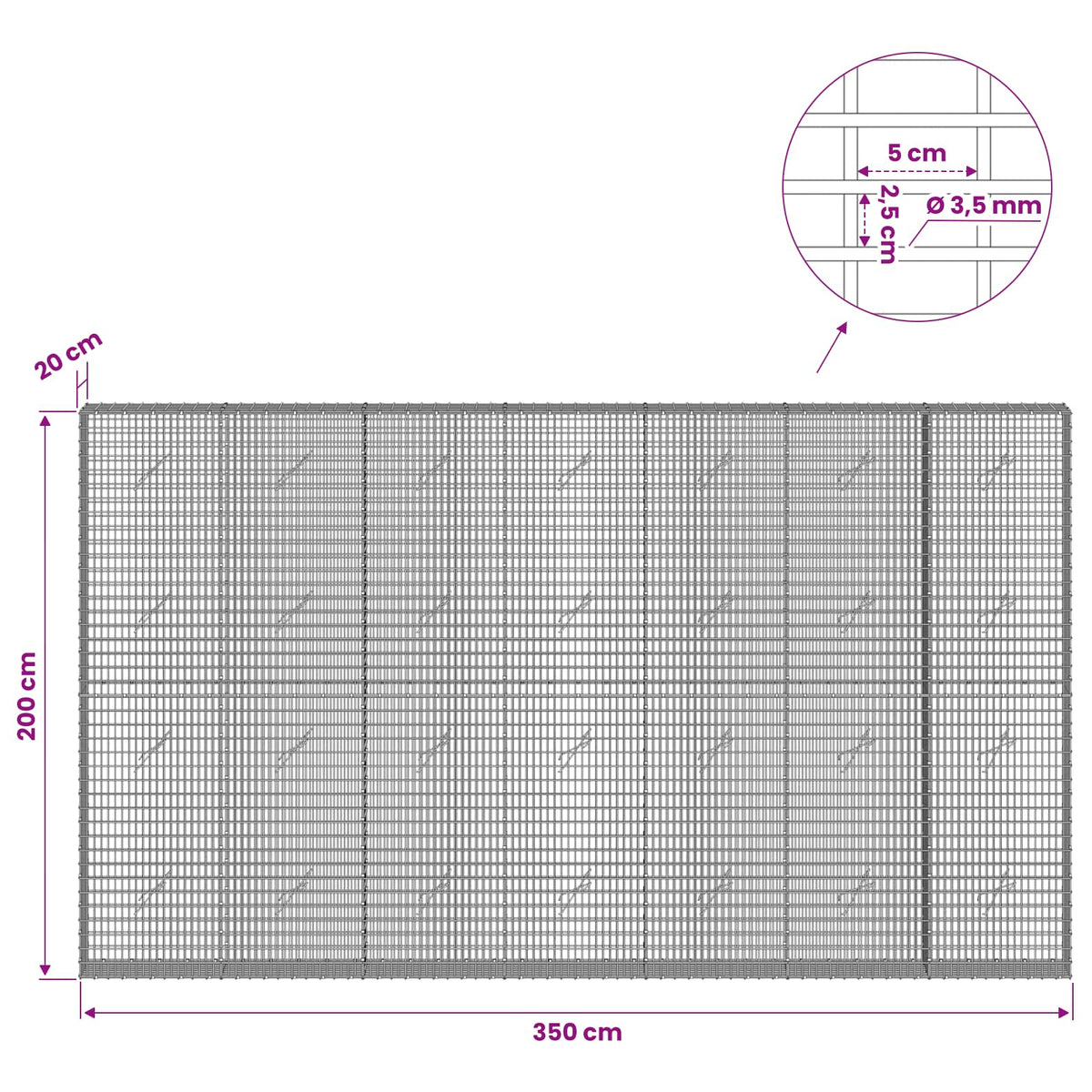 vidaXL Gabion z drutu 3,5 mm i siatką 5x2,5 cm 350x20x200 cm