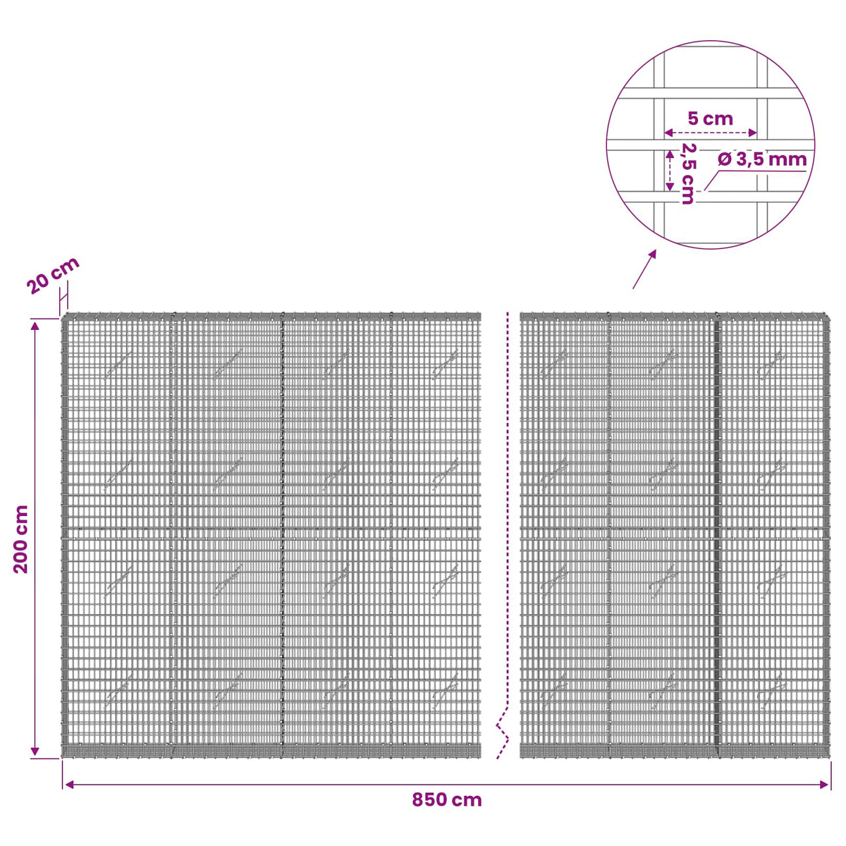 vidaXL Gabion z drutu 3,5 mm i siatką 5x2,5 cm 850x20x200 cm