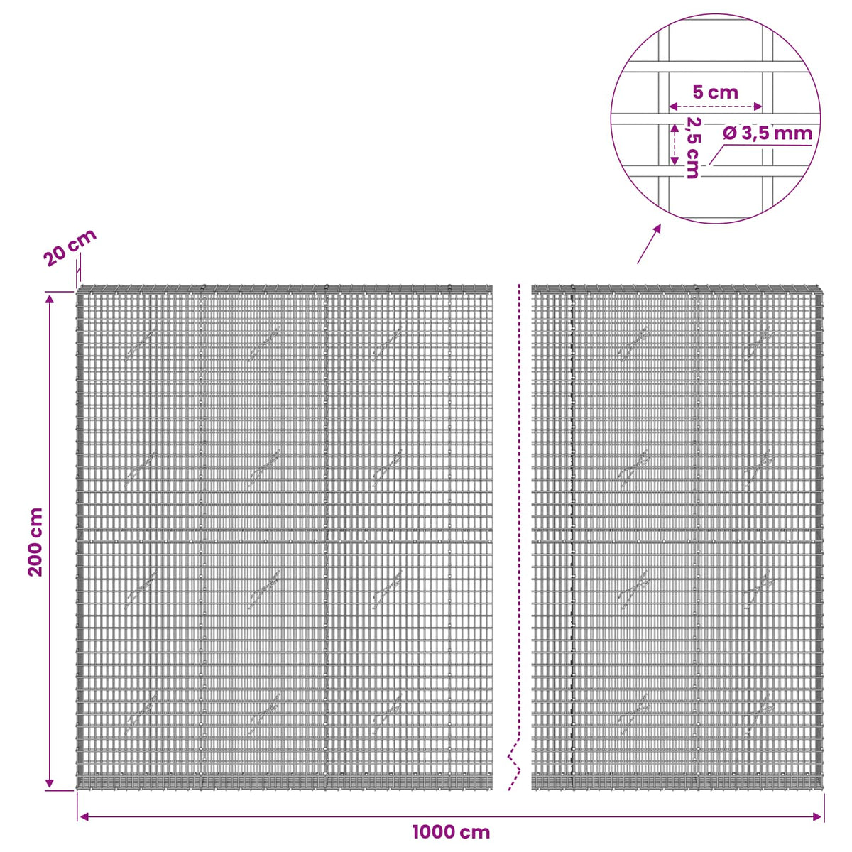 vidaXL Gabion z drutu 3,5 mm i siatką 5x2,5 cm 1000x20x200 cm