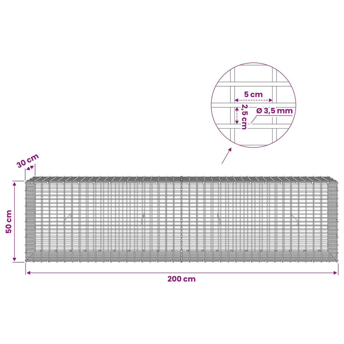 vidaXL Gabion z drutu 3,5 mm i siatką 5x2,5 cm 200x30x50 cm
