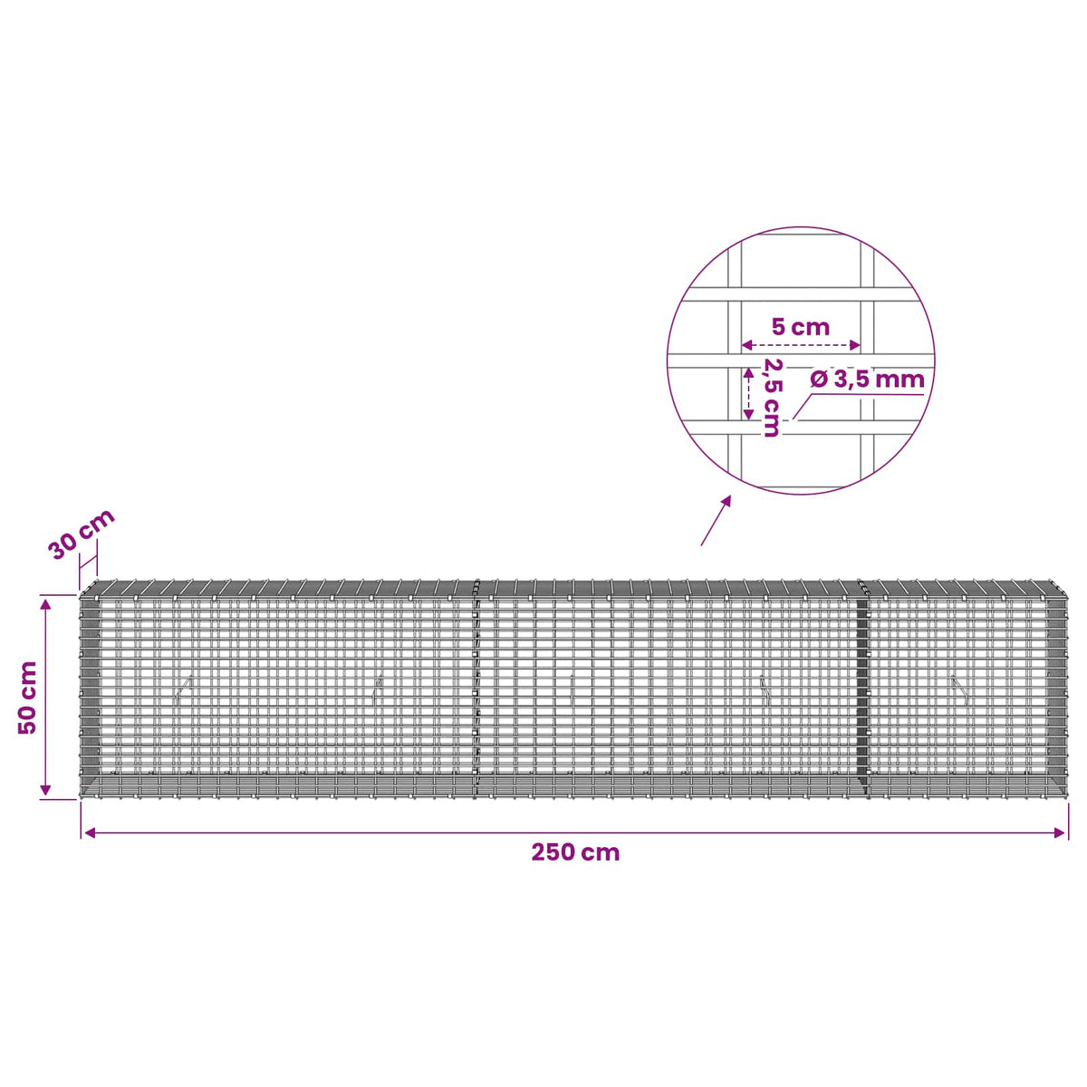 vidaXL Gabion z drutu 3,5 mm i siatką 5x2,5 cm 250x30x50 cm