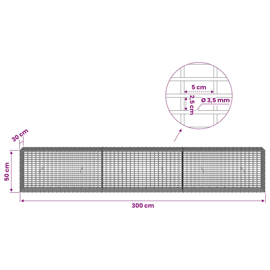 vidaXL Gabion z drutu 3,5 mm i siatką 5x2,5 cm 300x30x50 cm
