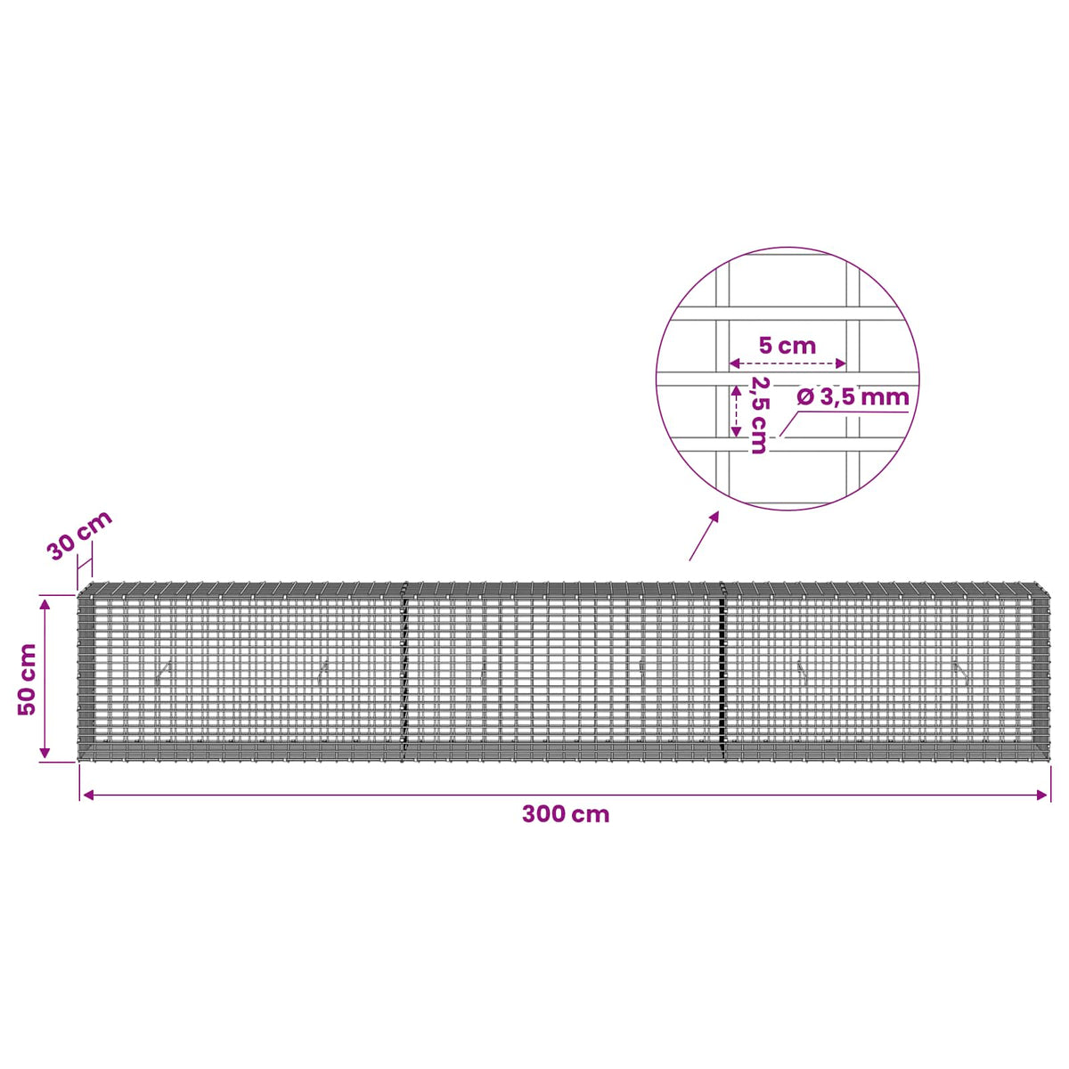 vidaXL Gabion z drutu 3,5 mm i siatką 5x2,5 cm 300x30x50 cm