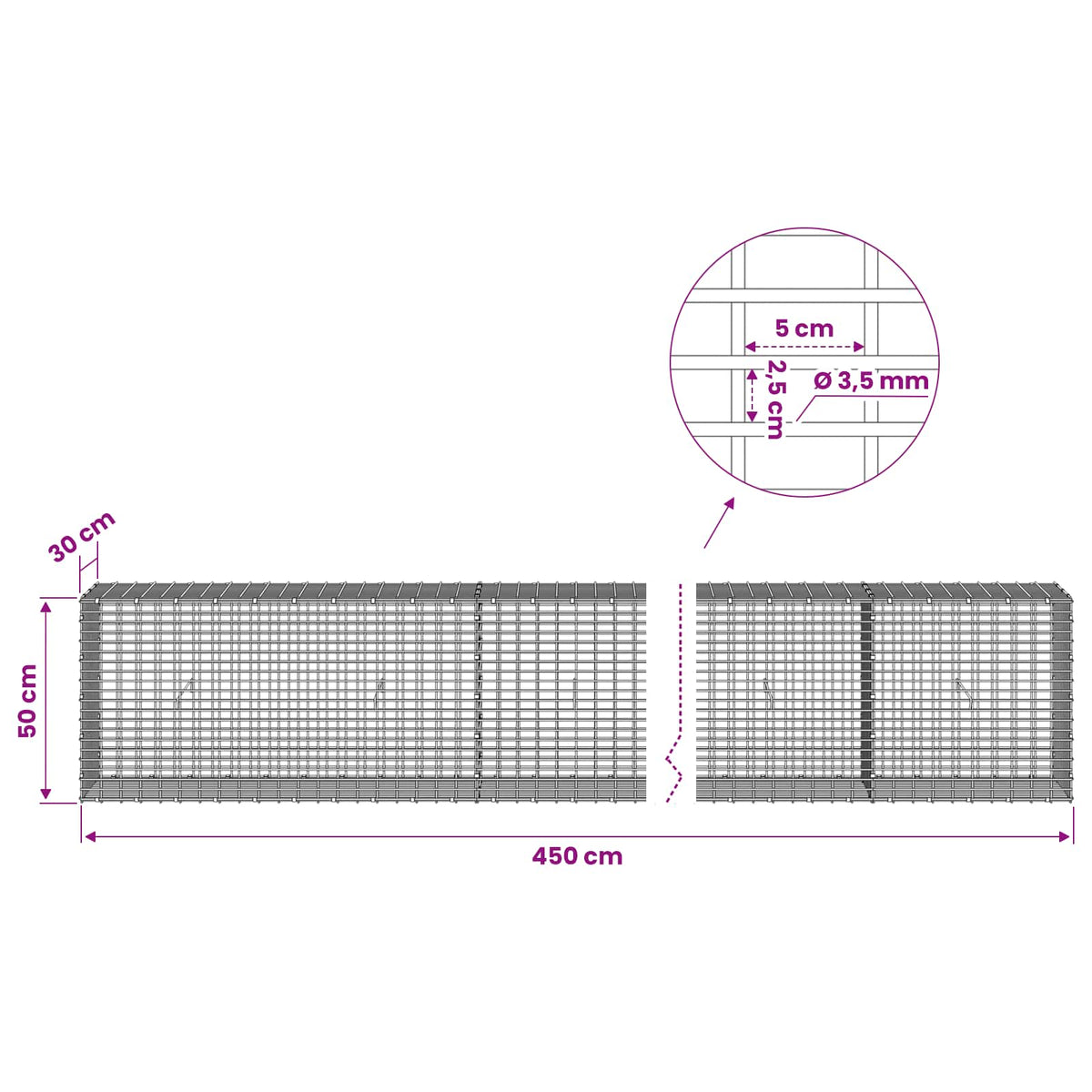 vidaXL Gabion z drutu 3,5 mm i siatką 5x2,5 cm 450x30x50 cm