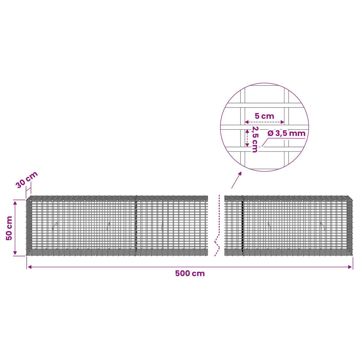 vidaXL Gabion z drutu 3,5 mm i siatką 5x2,5 cm 500x30x50 cm