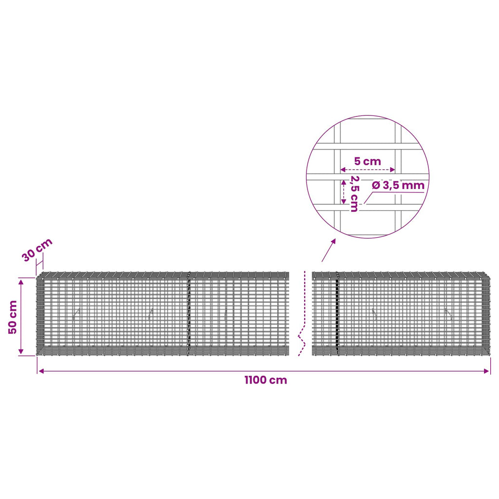 vidaXL Gabion z drutu 3,5 mm i siatką 5x2,5 cm 1100x30x50 cm