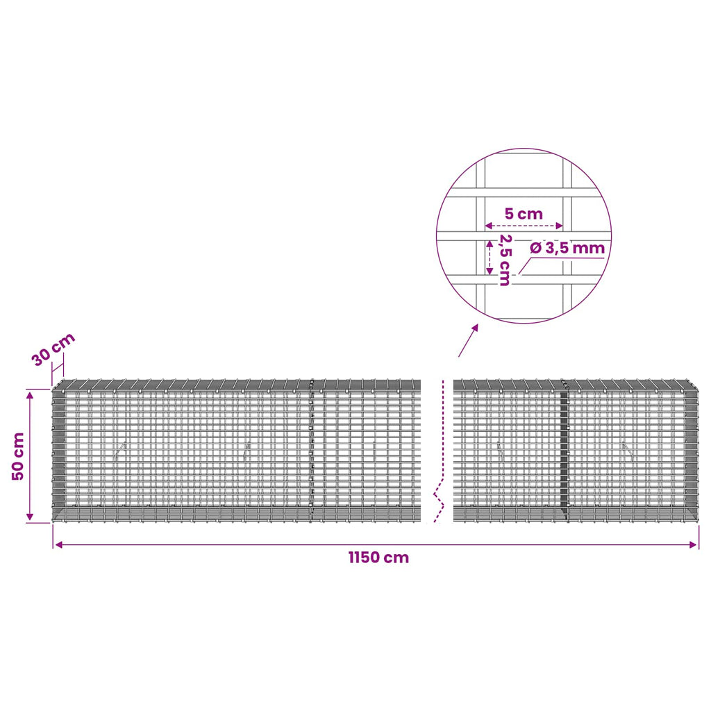 vidaXL Gabion z drutu 3,5 mm i siatką 5x2,5 cm 1150x30x50 cm