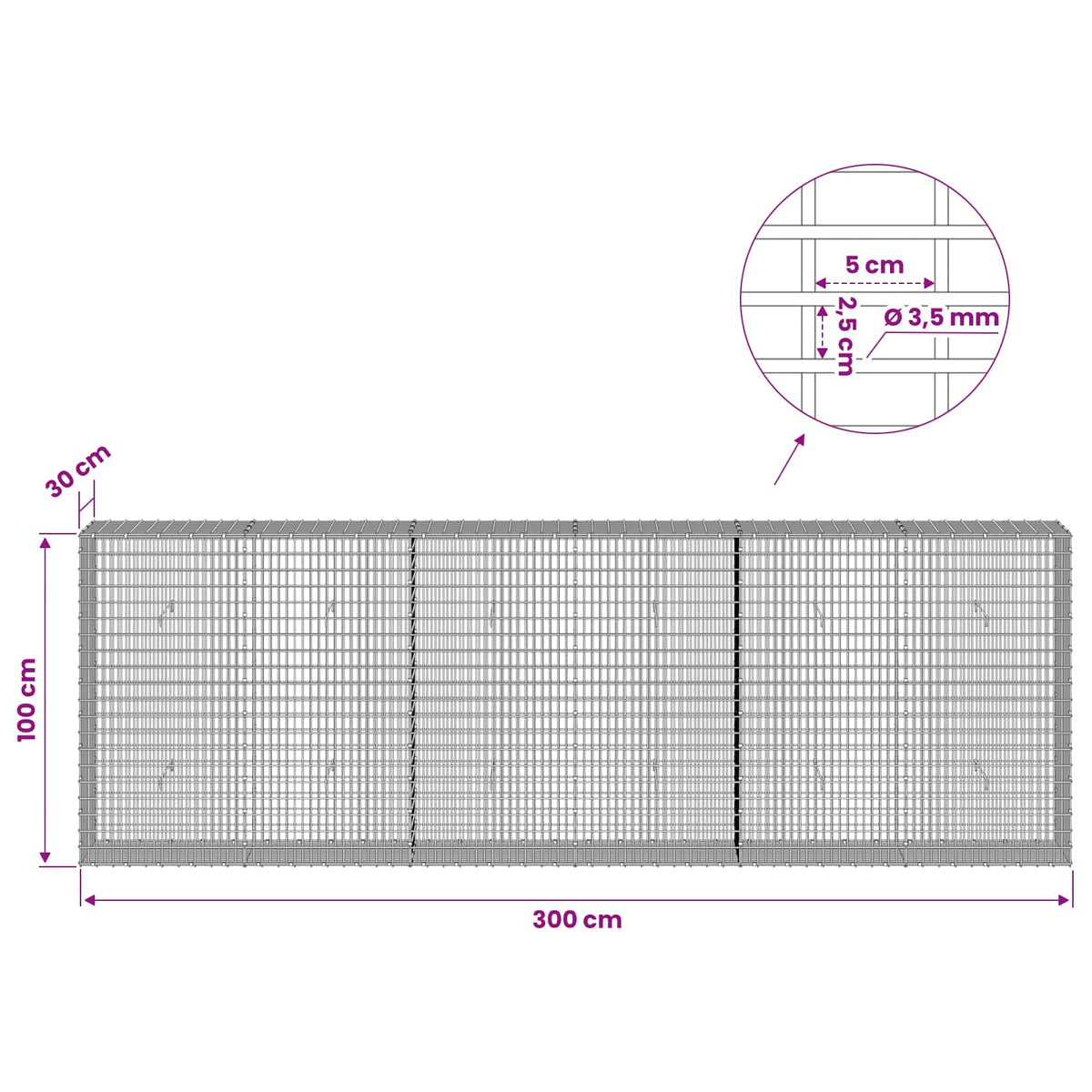 vidaXL Gabion z drutu 3,5 mm i siatką 5x2,5 cm 300x30x100 cm