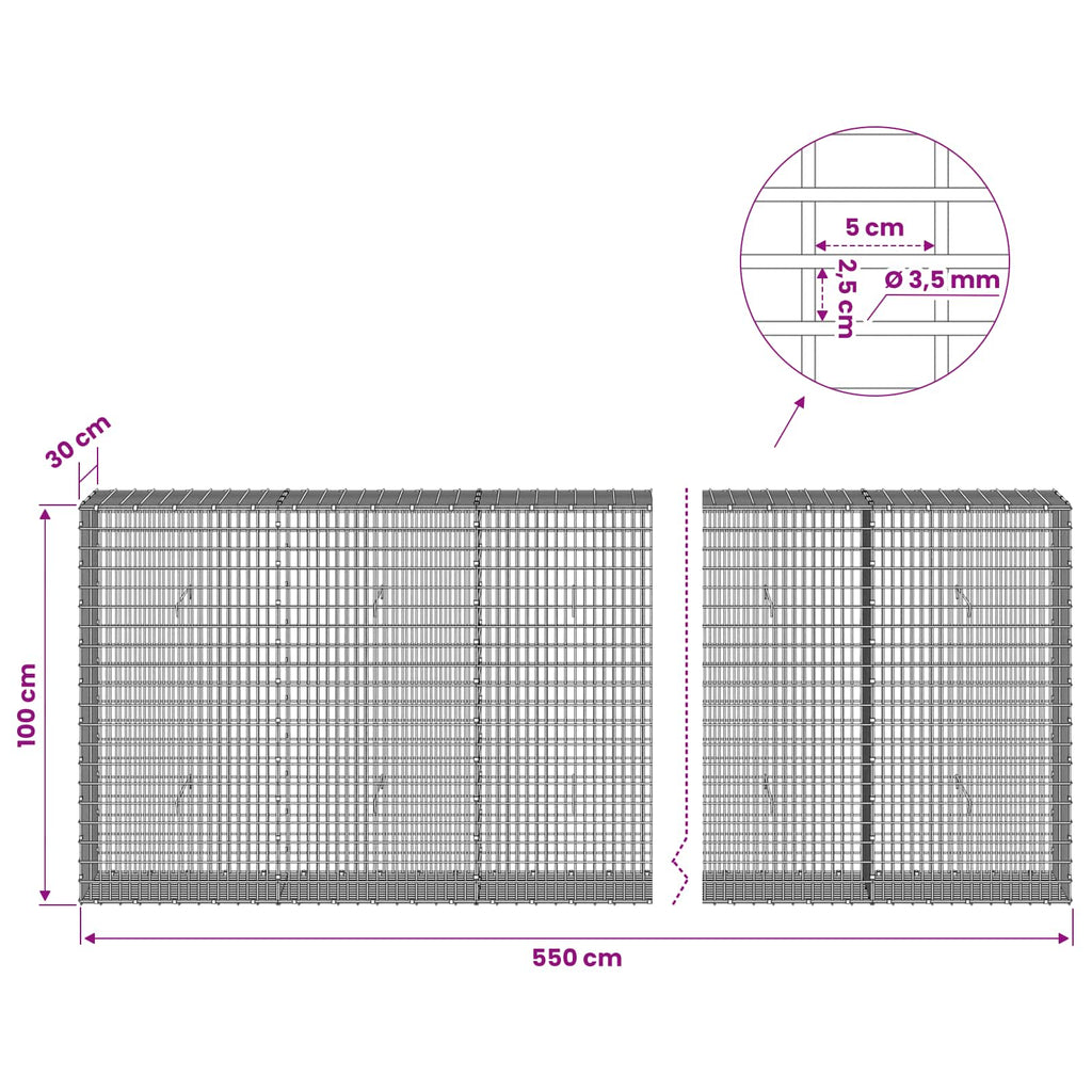vidaXL Gabion z drutu 3,5 mm i siatką 5x2,5 cm 550x30x100 cm
