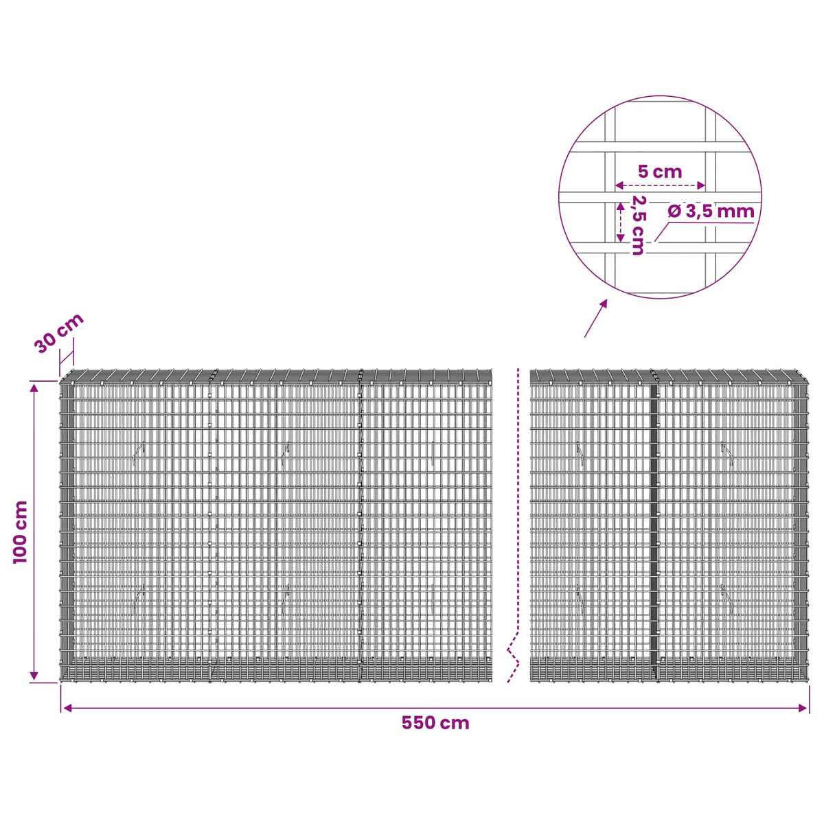 vidaXL Gabion z drutu 3,5 mm i siatką 5x2,5 cm 550x30x100 cm