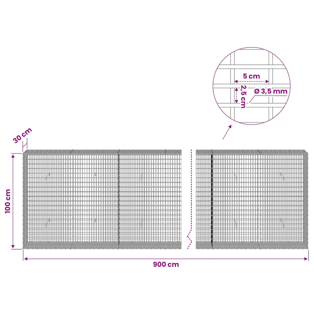 vidaXL Gabion z drutu 3,5 mm i siatką 5x2,5 cm 900x30x100 cm
