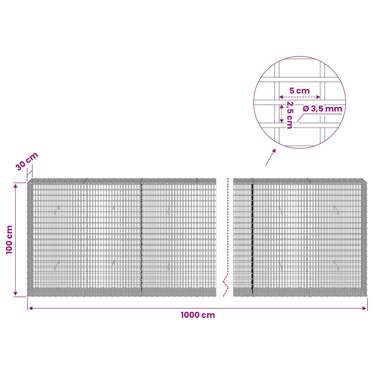vidaXL Gabion z drutu 3,5 mm i siatką 5x2,5 cm 1000x30x100 cm