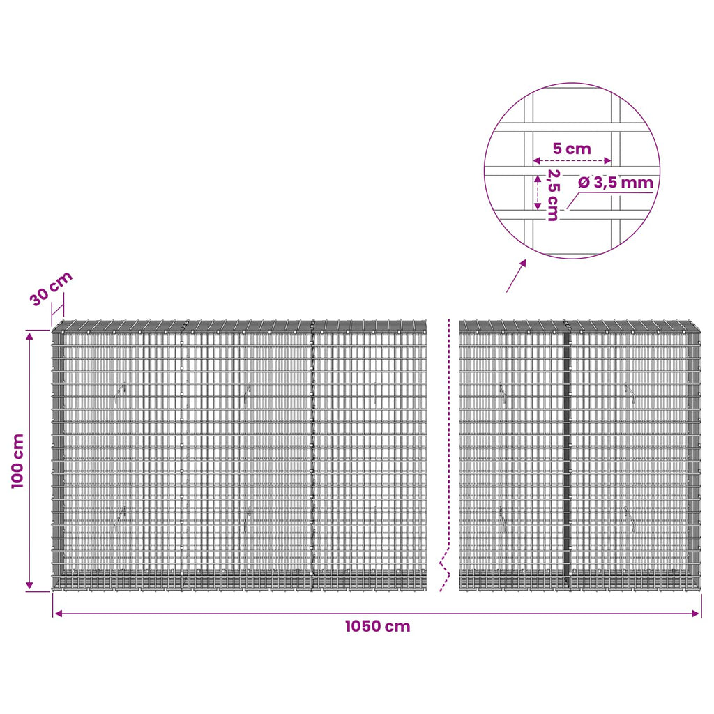 vidaXL Gabion z drutu 3,5 mm i siatką 5x2,5 cm 1050x30x100 cm