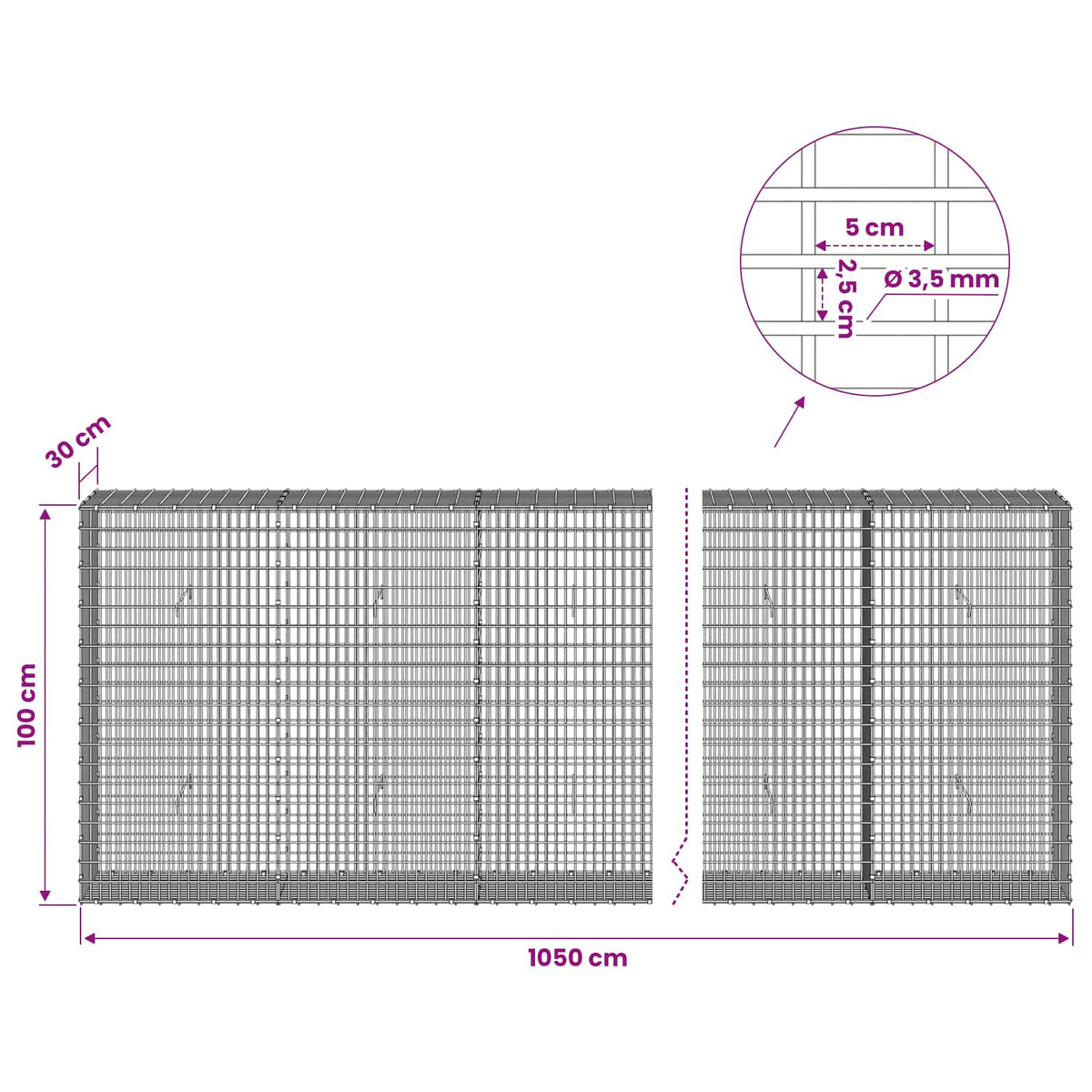 vidaXL Gabion z drutu 3,5 mm i siatką 5x2,5 cm 1050x30x100 cm