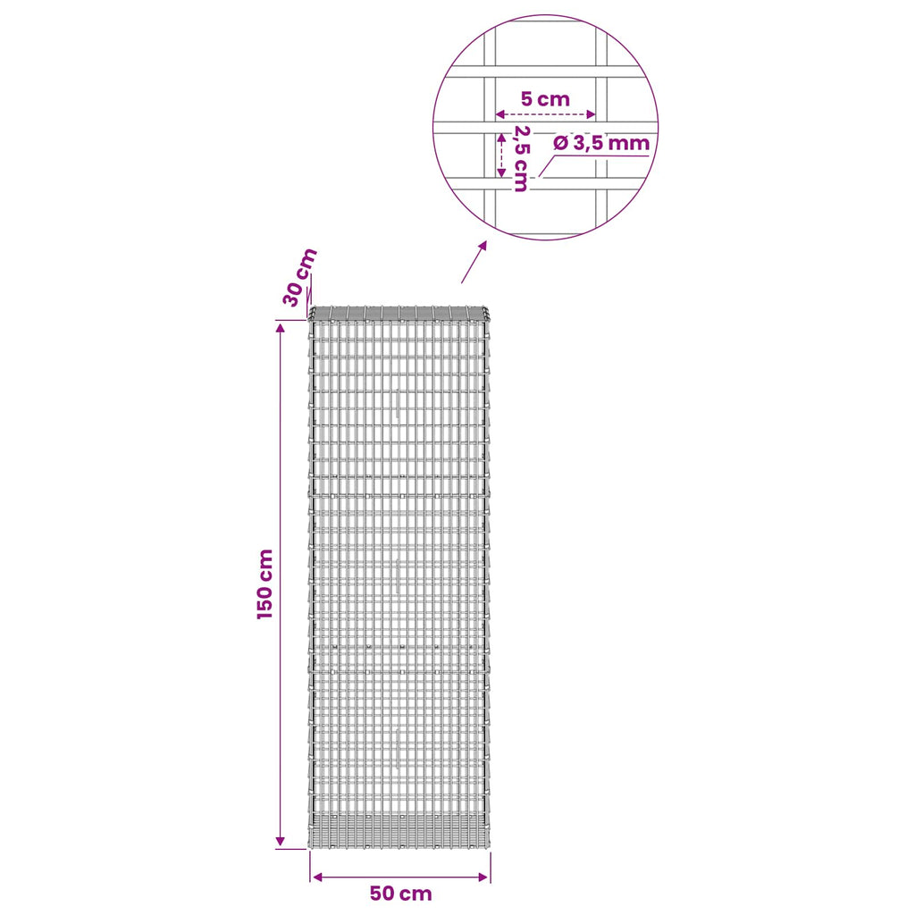 vidaXL Gabion z drutu 3,5 mm i siatką 5x2,5 cm 50x30x150 cm