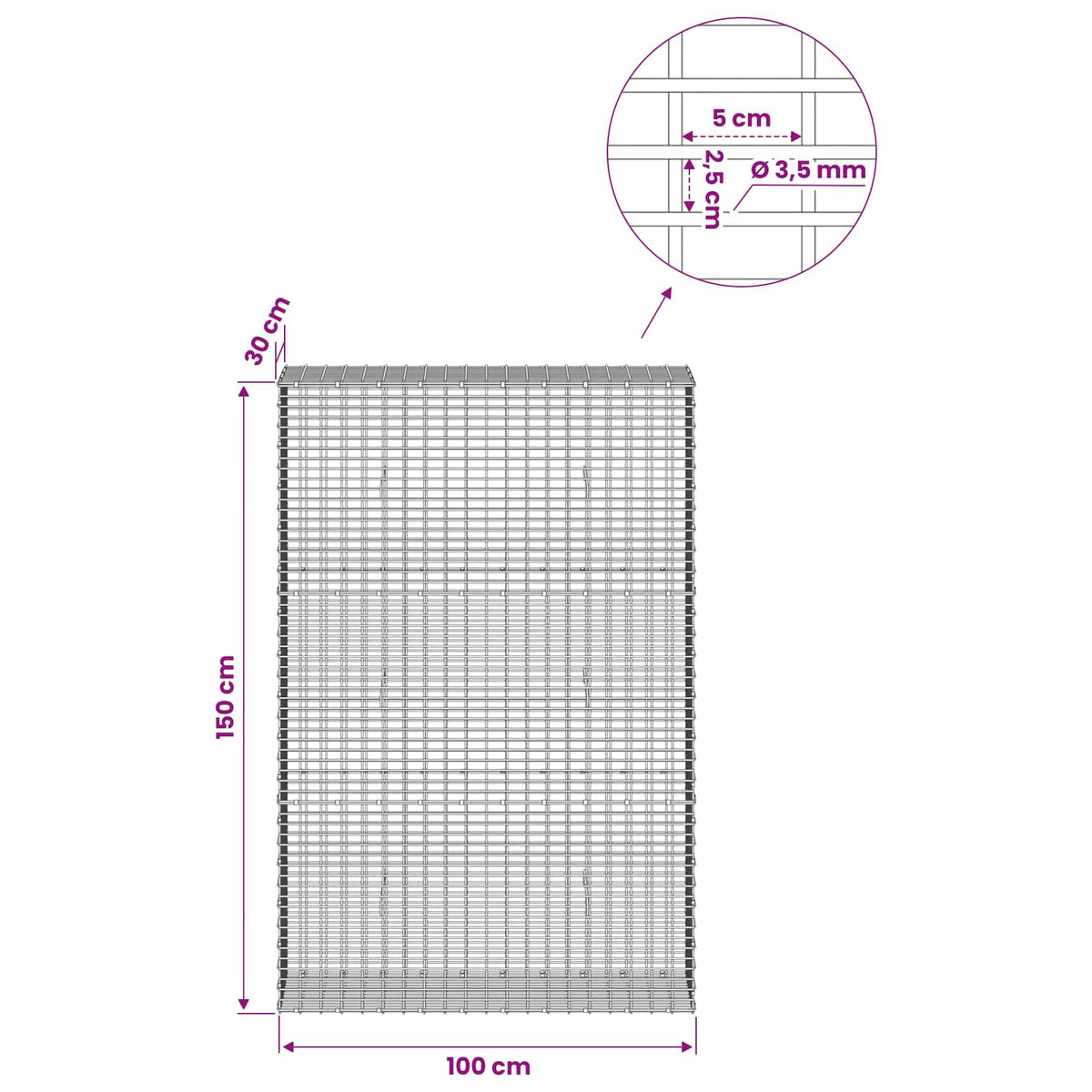 vidaXL Gabion z drutu 3,5 mm i siatką 5x2,5 cm 100x30x150 cm