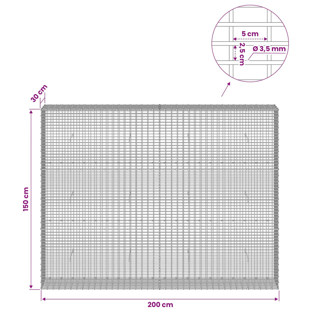 vidaXL Gabion z drutu 3,5 mm i siatką 5x2,5 cm 200x30x150 cm