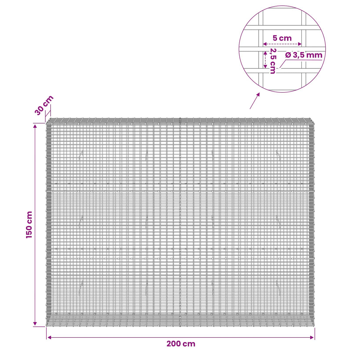 vidaXL Gabion z drutu 3,5 mm i siatką 5x2,5 cm 200x30x150 cm
